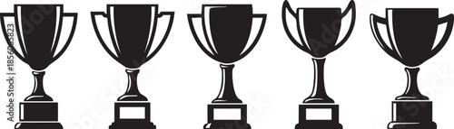 Five black and white trophy cups lined up in a row