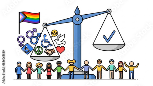 Diverse people standing in a line holding hands around a scale balancing equality symbols and a checkmark representing social justice