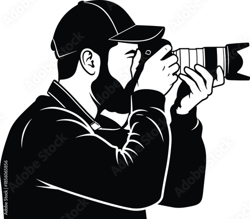 Black silhouette photographer holding professional camera, creative photography concept, minimalist vector illustration, media, journalism, visual storytelling, isolated white background