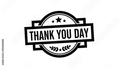 Black and white thank you day badge with stars and laurel leaves on white background