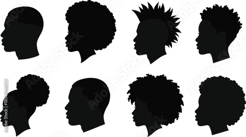 Diverse human head silhouettes collection, afro curly modern hairstyles profiles, black vector icons representing identity culture diversity fashion design