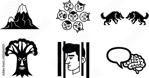 Collection of black silhouette icons including mountain wolf tree face jail brain vector 