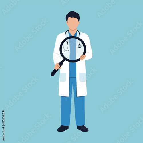 A doctor examining with a magnifying glass in a clinical setting