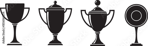 Four black and white trophy cups with different lined up in a row outline