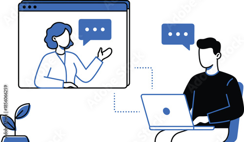 Online virtual meeting illustration, remote communication video chat, teacher student discussion via laptop, modern e learning concept for web education