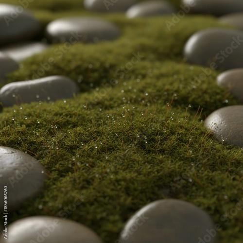 Macro of wet green moss with dew drops and smooth river stones