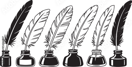 Five quill pens with black ink bottles in a row on a white background feather