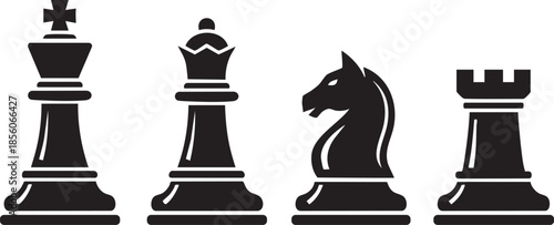 Four black chess pieces including a king, queen, knight, and rook on a white background