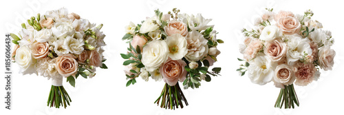 Collection of luxurious bouquet of white and blush flowers isolated on a transparent background