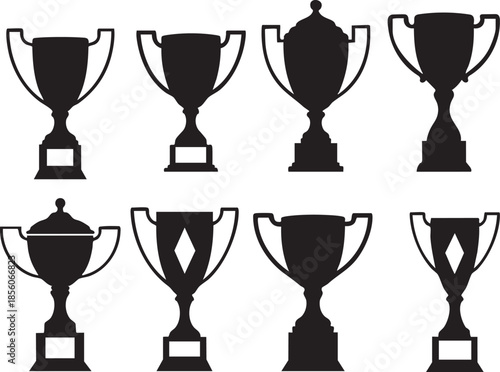 Seven black trophy cups with handles and bases on a white background