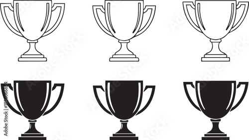 Six trophy cups with three outlined in white and three filled in black on a white background