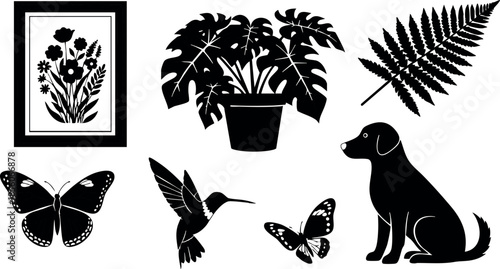 Black silhouette collection of dog, butterfly, hummingbird, fern leaf, potted plant, and floral wall art vector 