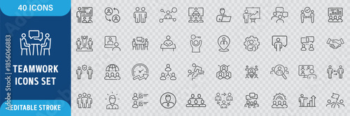 Team Line Icon Set. Teamwork, Collaboration, Group, Management and Business People Icons. Editable Outline Stroke. Vector Illustration