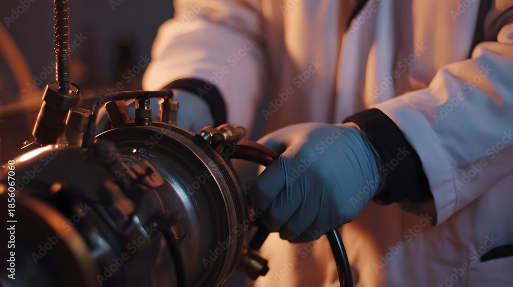 Fototapeta premium Hands in blue gloves meticulously adjusting intricate scientific apparatus in a laboratory setting