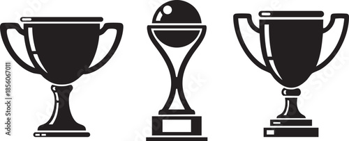Three black and white trophy cups with different on a white background outline