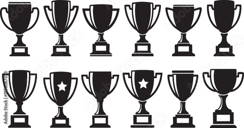 Ten Black Trophy Cups with Two Having White Stars on the Front