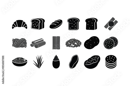 Carbohydrate Food Icons Set Bread, Pasta, Rice, and Grains Vector Silhouette Illustrations