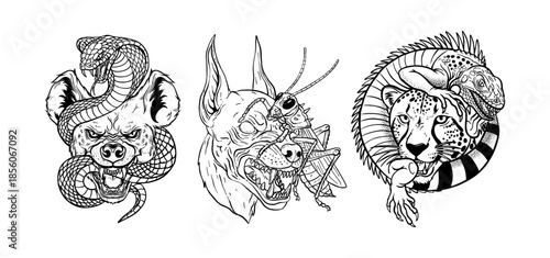 Set of blackwork tattoo flash illustrations featuring aggressive animal heads with reptiles, bold line art style, ideal for tattoo designs and prints