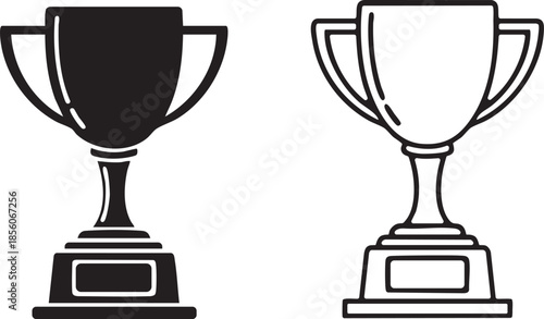 Two black and white trophy cups with rectangular bases on a plain background
