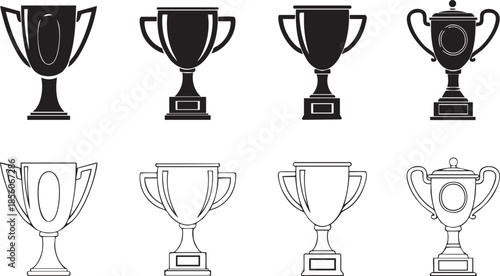 Two Rows of Four Trophy Cups Each in Black and White Line Style line outline