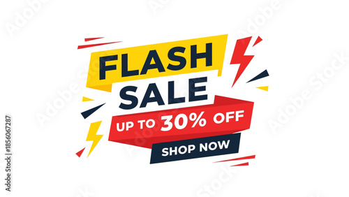 A vibrant graphic banner announcing a flash sale with up to 30% off, featuring bold text, lightning bolts, and a 'Shop Now' call to action.