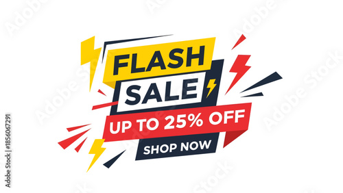 A vibrant flash sale banner offering up to 25% off with a "Shop Now" call to action, featuring dynamic lightning bolt graphics.