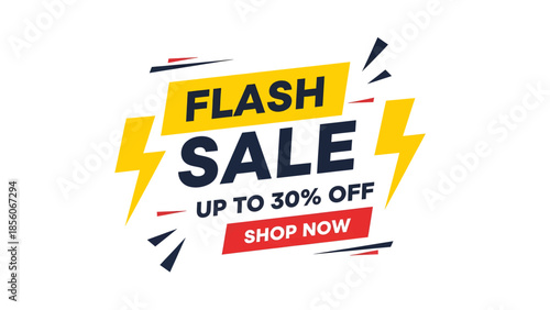 A vibrant flash sale banner with lightning bolts, announcing up to 30% off and encouraging shoppers to shop now.