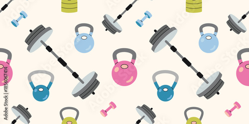 Seamless pattern with fitness equipment like kettlebells, barbells and dumbbells. The concept of strength and weight training. Trendy vector illustration a light background, hand drawn, flat design