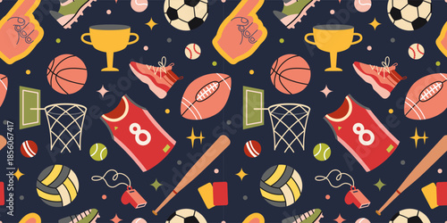 Seamless pattern with team sports gear, balls, uniforms and trophies. Trendy modern vector illustration a dark background, hand drawn, flat design.