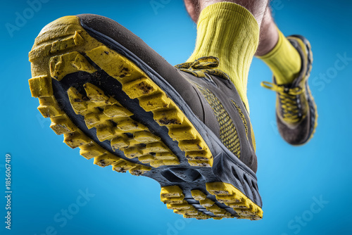 Primer plano de corredor en zapatillas deportivas negras y amarillas, Suela de zapatilla de trail running en primer plano, Fotografía de producto deportiva y minimalista