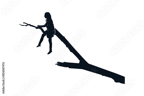 Silhouette of little girl woman sitting on a tree branch, black and white vector illustration