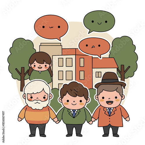 cartoon group of diverse people holding hands with speech bubbles for friendship blogs, community projects, social education, nursery decor and greeting cards, with copy space