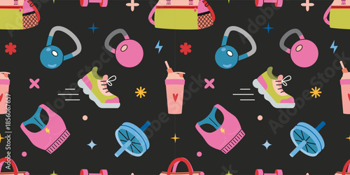 Seamless pattern with gym and fitness equipment for workout, training and healthy lifestyle. Sport accessories and clothes. Trendy vector illustration on a dark background, hand drawn, flat design