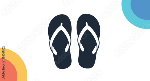Pair of dark flip flops centered on a white background with colorful geometric circles in the corners for summer vibes.