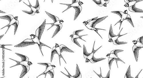 Vintage style seamless pattern of swallows flying in different directions, rendered in a detailed black and white sketch.