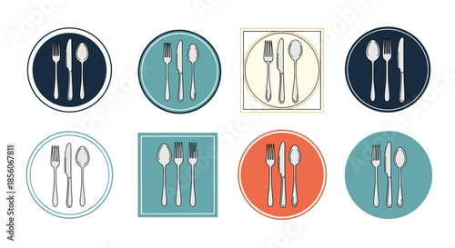 Collection of cutlery icons featuring a fork, knife, and spoon arranged inside various colorful circular and square frames.