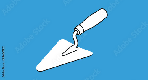 Masonry trowel tool illustration with a wooden handle on a bright blue background, representing construction or bricklaying.