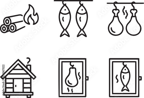 Smoking Meat and Fish Icon Set. Outline Vector Smokehouse Cabin, Hanging Meat, Hanging Fish, Smoking Chamber, Firewood. Food Preservation, BBQ Grill, Smoked Fish, Charcuterie, Butchery, Culinary 