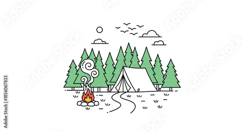 Colorful line art illustration of a camping site with a green tent, campfire, and pine forest under a clear sky.