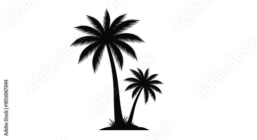 Black silhouette of two palm trees of different heights on a small island, evoking a tropical beach or vacation theme.