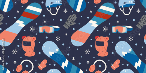 Seamless pattern with snowboarding equipment and winter accessories for extreme sport and outdoor leisure. Trendy vector illustration on a dark blue background, hand drawn, flat design