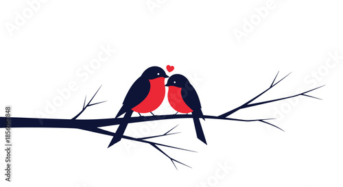 Two adorable birds perched on a tree branch with a small red heart between them, signifying love and companionship.