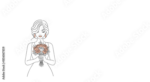 Delicate line drawing of a bride wearing a white dress and holding a beautiful bouquet of roses in her hands.