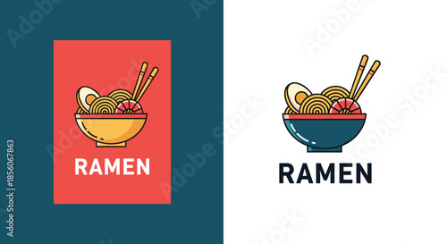 Graphic representation of a delicious bowl of ramen with chopsticks, egg, and shrimp shown in two different color schemes.