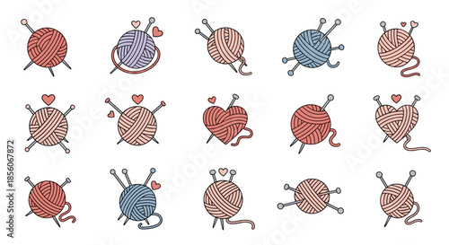 Colorful collection of yarn ball icons with knitting needles and small hearts for handmade, crochet, and hobby themes.