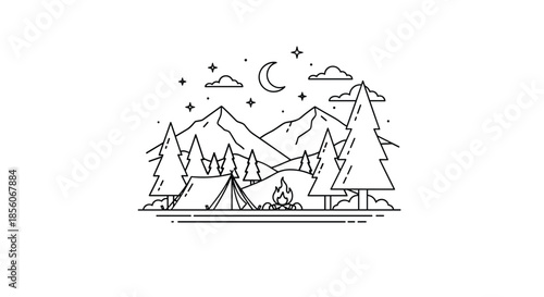 Scenic line art illustration of a campsite in the mountains at night with a tent, campfire, pine trees, and moonlit starry sky.