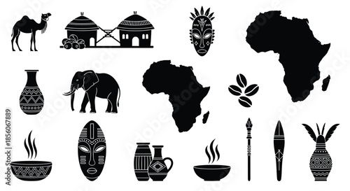 Detailed black silhouettes of African culture elements like tribal masks, elephants, camels, and traditional mud huts.