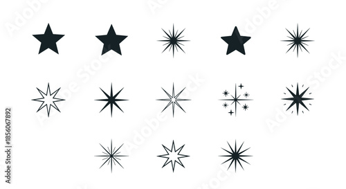 Collection of black star and sparkle symbols in various styles including solid five point stars and multi pointed glimmers.