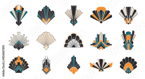 Collection of art deco architectural and decorative ornaments featuring fan shapes and linear patterns in black, teal, and gold tones.
