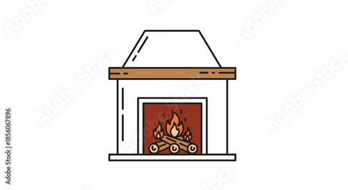 Simple line art illustration of a cozy white fireplace with burning logs and orange flames in a warm hearth.